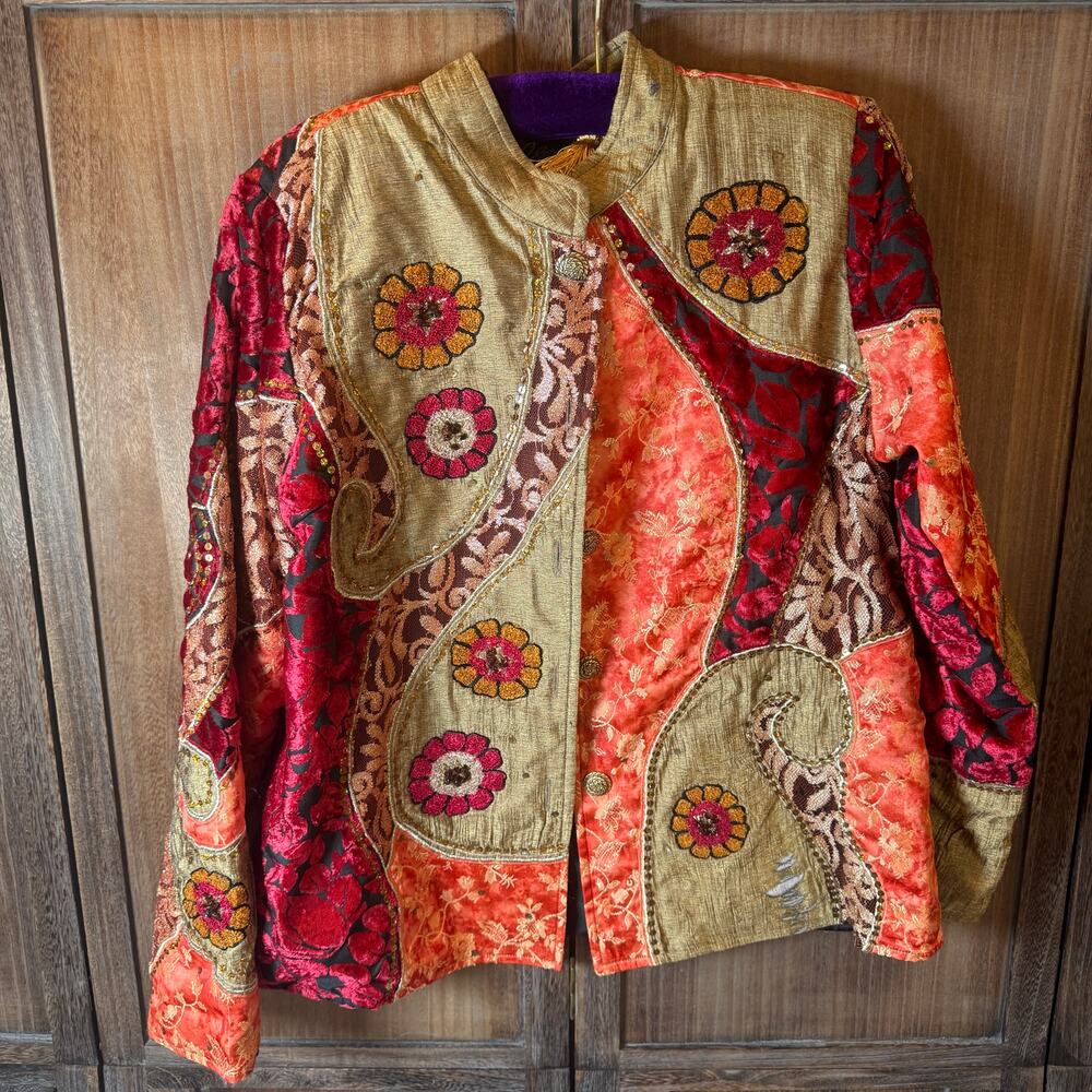 Aesklin 1X Wearable Art Jacket Boho Patchwork Embroidered Floral Tapestry India